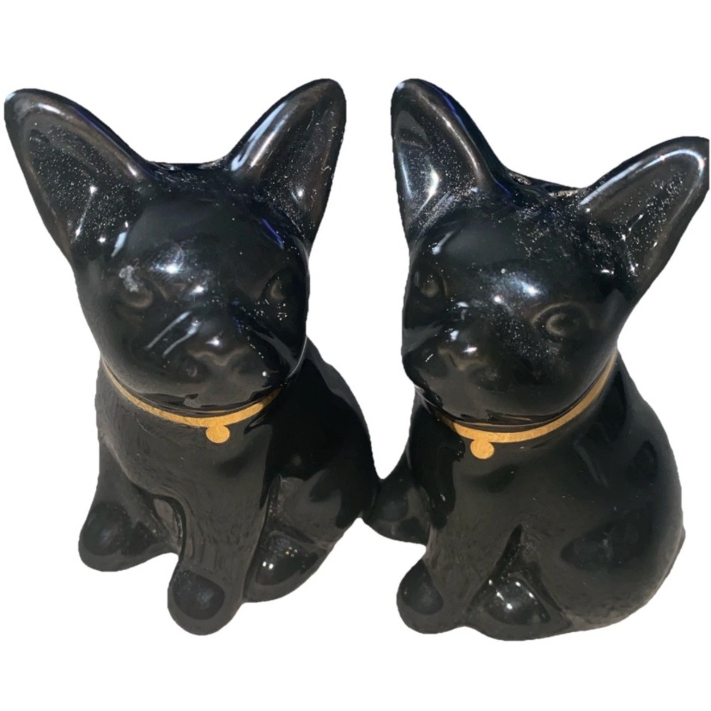 French Bulldogs Salt & Pepper Shaker‎ Set Of 2  Black Gold Accents
